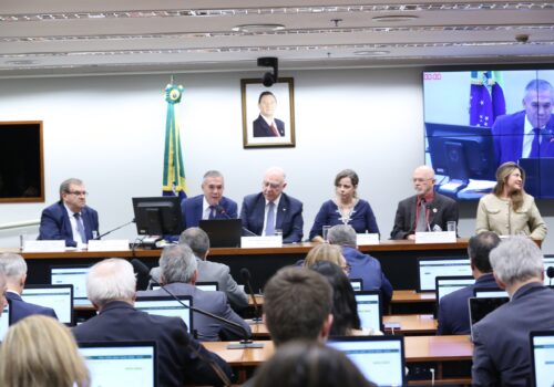 Seminário Minerais Críticos e Estratégicos, da FPMin, na Câmara dos Deputados. Ao centro da mesa, os deputados Zé Silva e Arnaldo Jardim